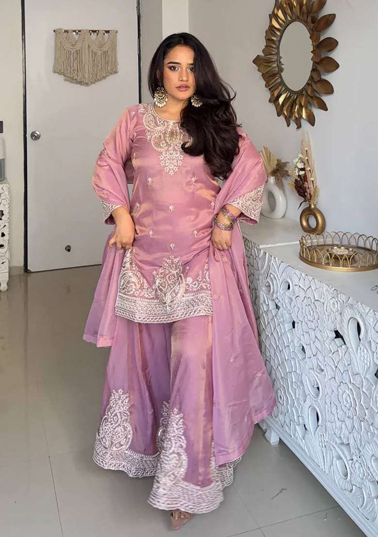 Onion Pink Embroidery Silk Palazzo Set - Indya