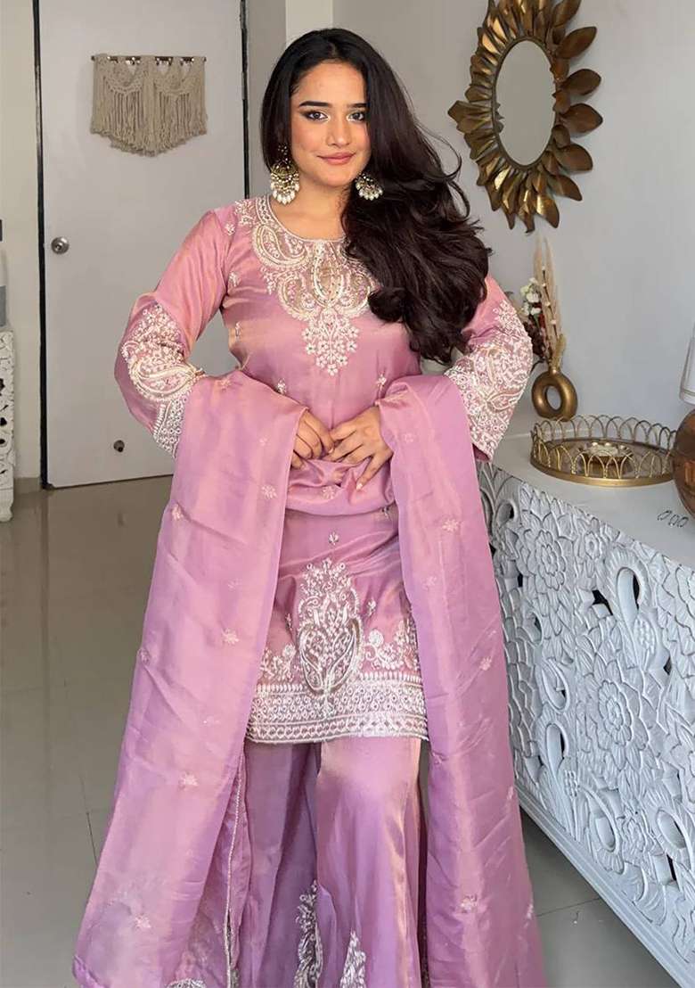 Onion Pink Embroidery Silk Palazzo Set - Indya