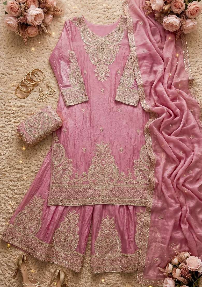 Onion Pink Embroidery Silk Palazzo Set - Indya