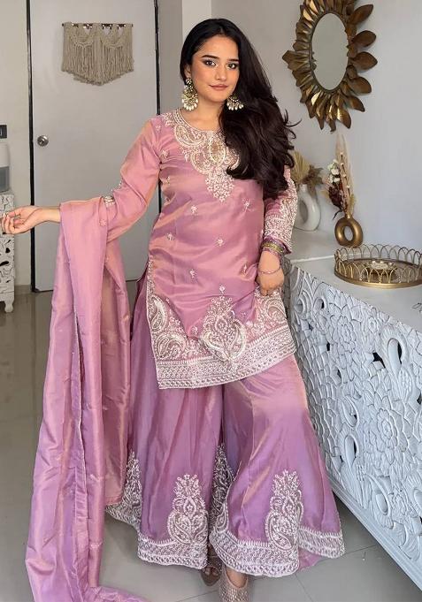 Onion Pink Embroidery Silk Palazzo Set