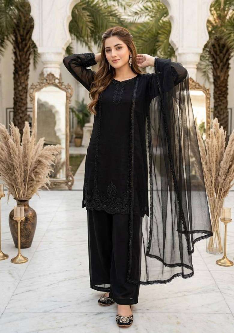 Jet Black Embroidery Georgette Palazzo Set - Indya