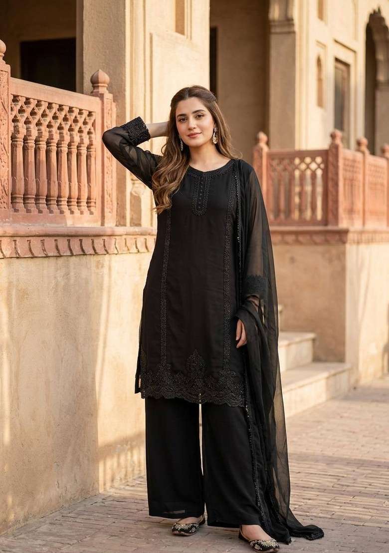 Jet Black Embroidery Georgette Palazzo Set - Indya