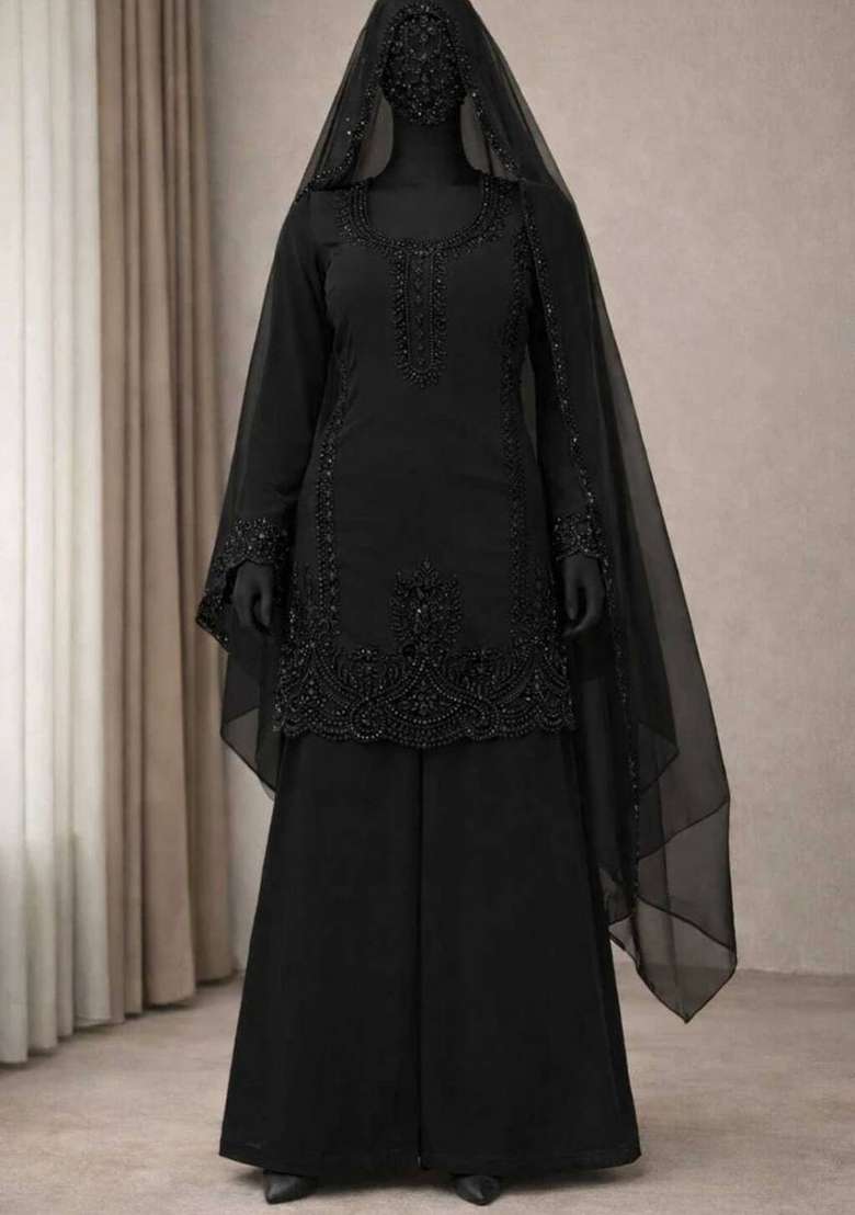Jet Black Embroidery Georgette Palazzo Set - Indya