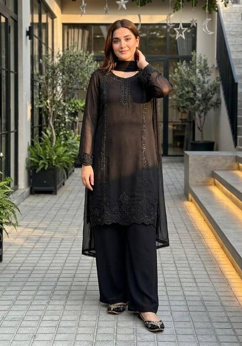 Jet Black Embroidery Georgette Palazzo Set