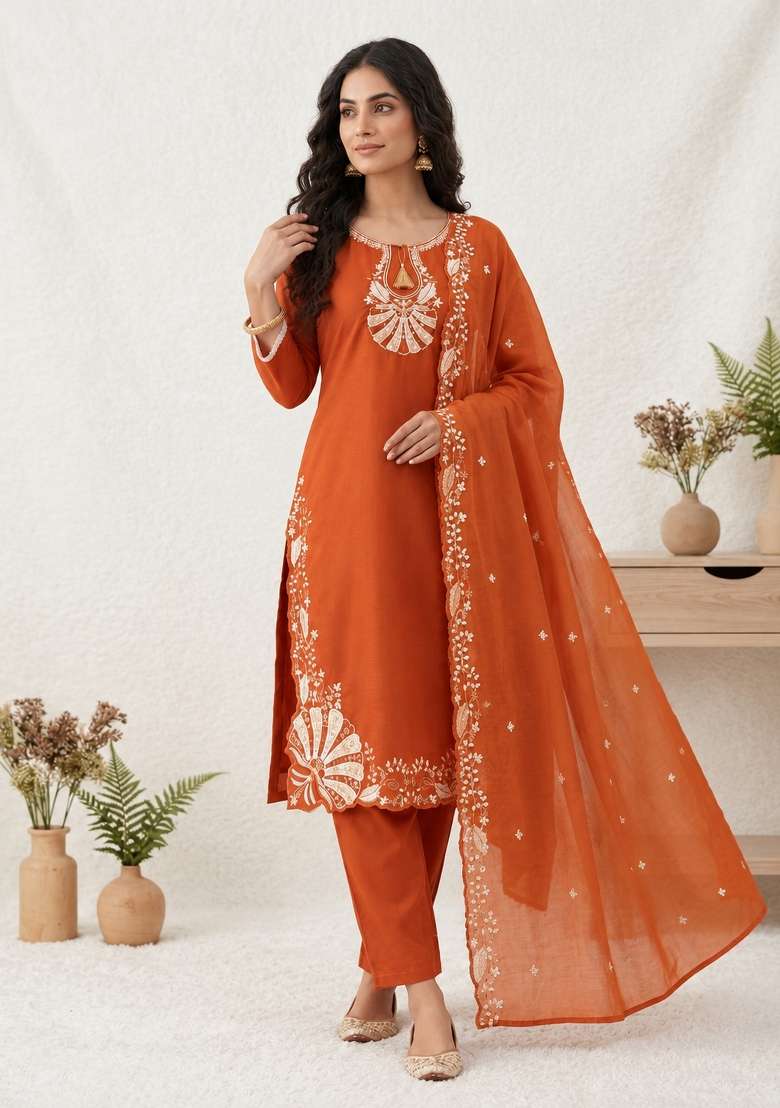 Rust Orange Embroidery Silk Kurta Set - Indya