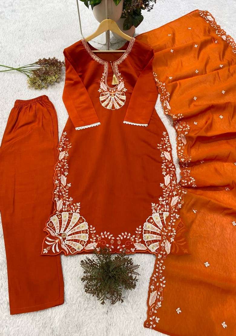 Rust Orange Embroidery Silk Kurta Set - Indya