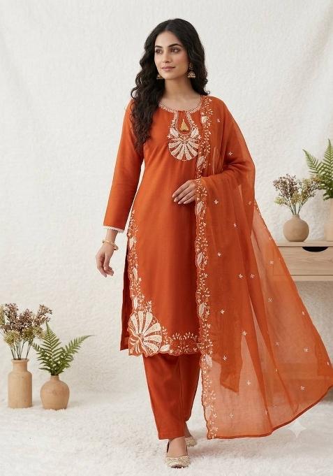 Rust Orange Embroidery Silk Kurta Set
