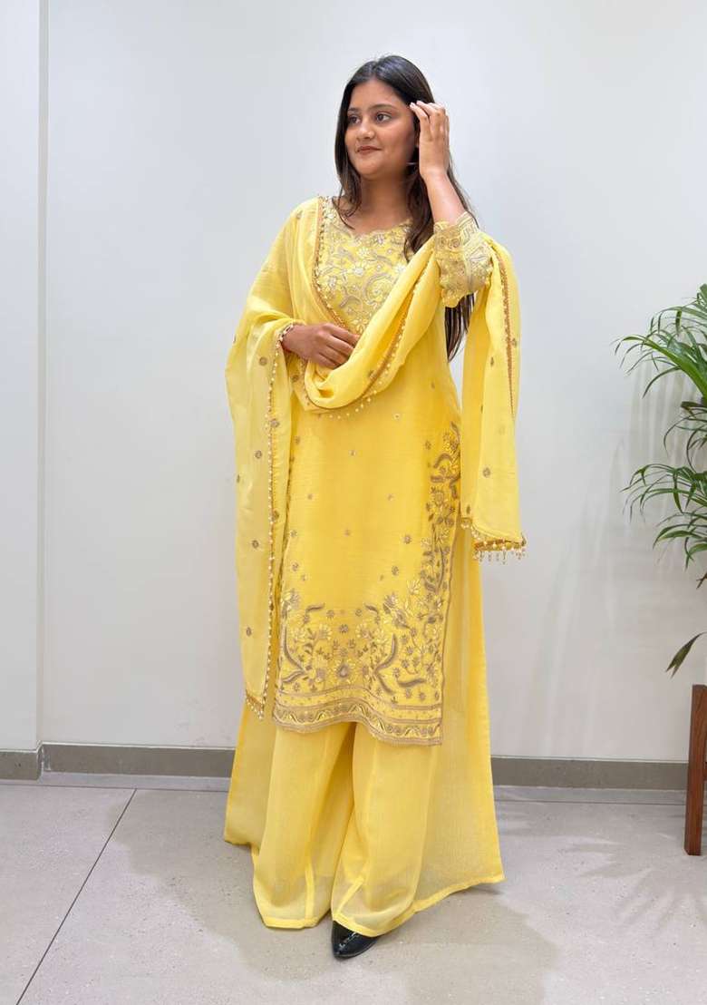 Super Yellow Embroidery Silk Kurta Set - Indya