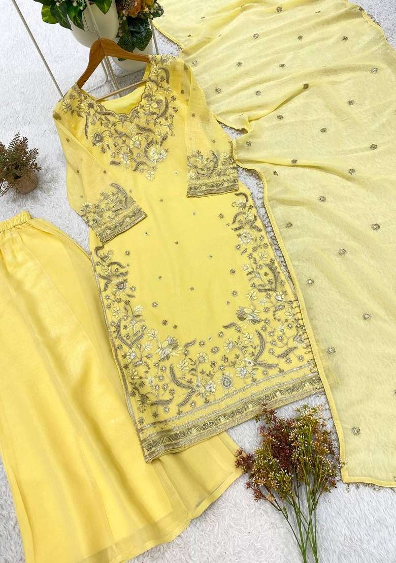 Super Yellow Embroidery Silk Kurta Set - Indya