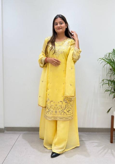 Super Yellow Embroidery Silk Kurta Set
