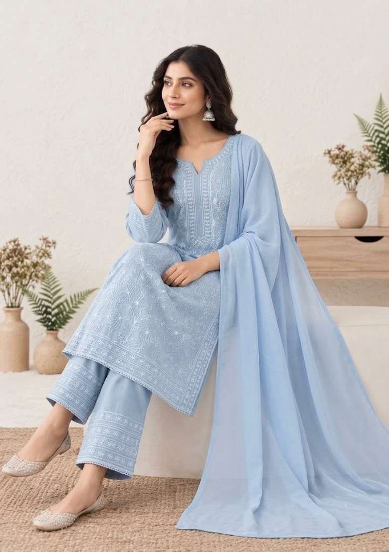 Sky Blue Embroidery Georgette Kurta Set - Indya