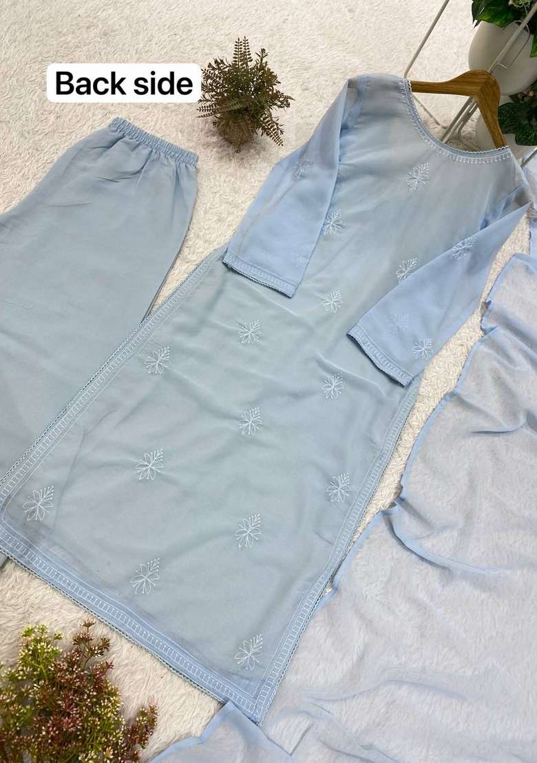 Sky Blue Embroidery Georgette Kurta Set - Indya