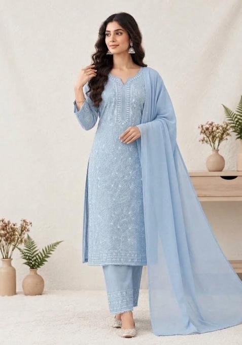 Sky Blue Embroidery Georgette Kurta Set