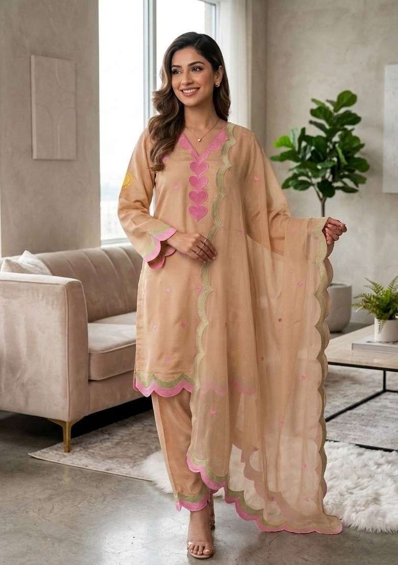 Beige Embroidery Chanderi Kurta Set - Indya