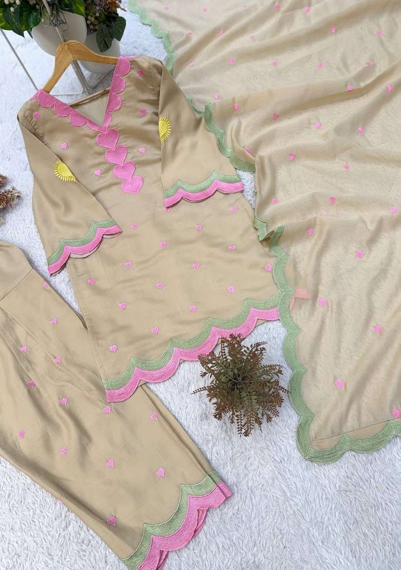 Beige Embroidery Chanderi Kurta Set - Indya
