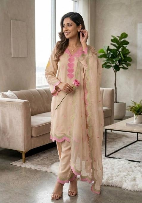 Beige Embroidery Chanderi Kurta Set