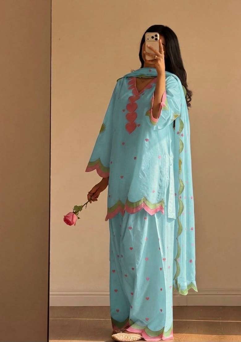 Sky Blue Embroidery Chanderi Kurta Set - Indya