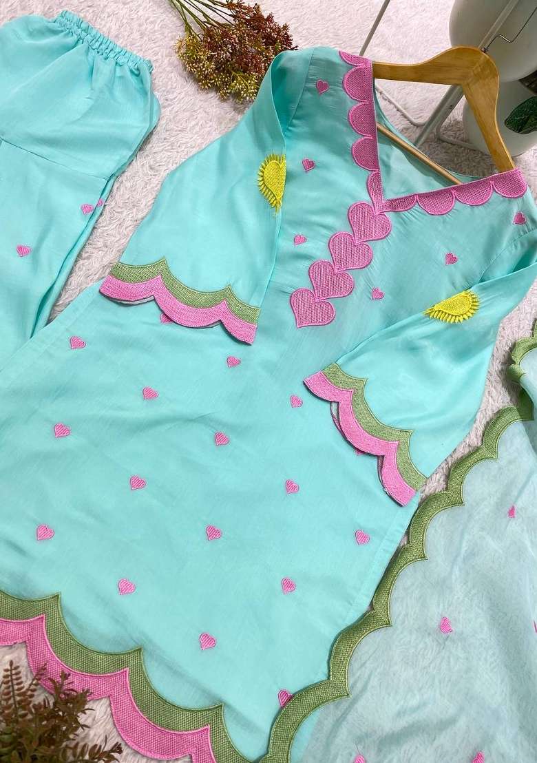 Sky Blue Embroidery Chanderi Kurta Set - Indya