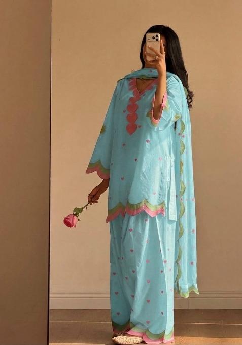 Sky Blue Embroidery Chanderi Kurta Set