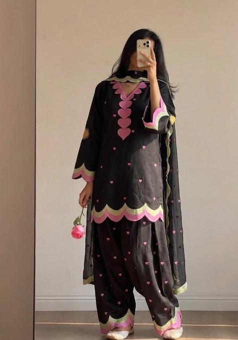 Black Embroidery Chanderi Kurta Set