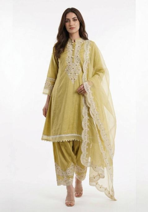 Pastel Yellow Embroidery Silk Kurta Set