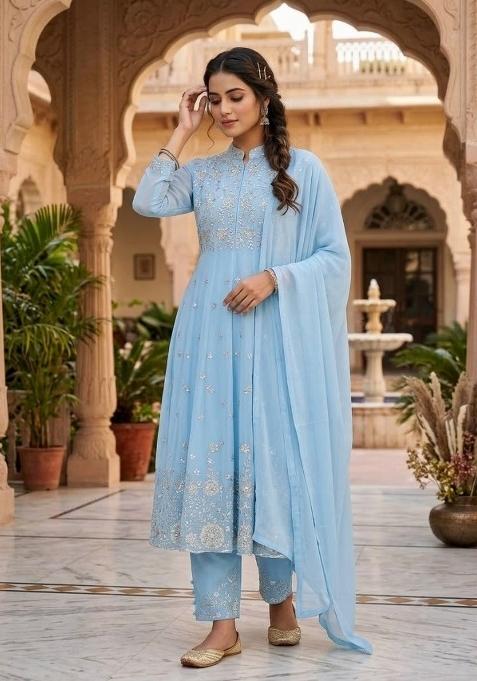 Sky Blue Embroidery Georgette Anarkali Set