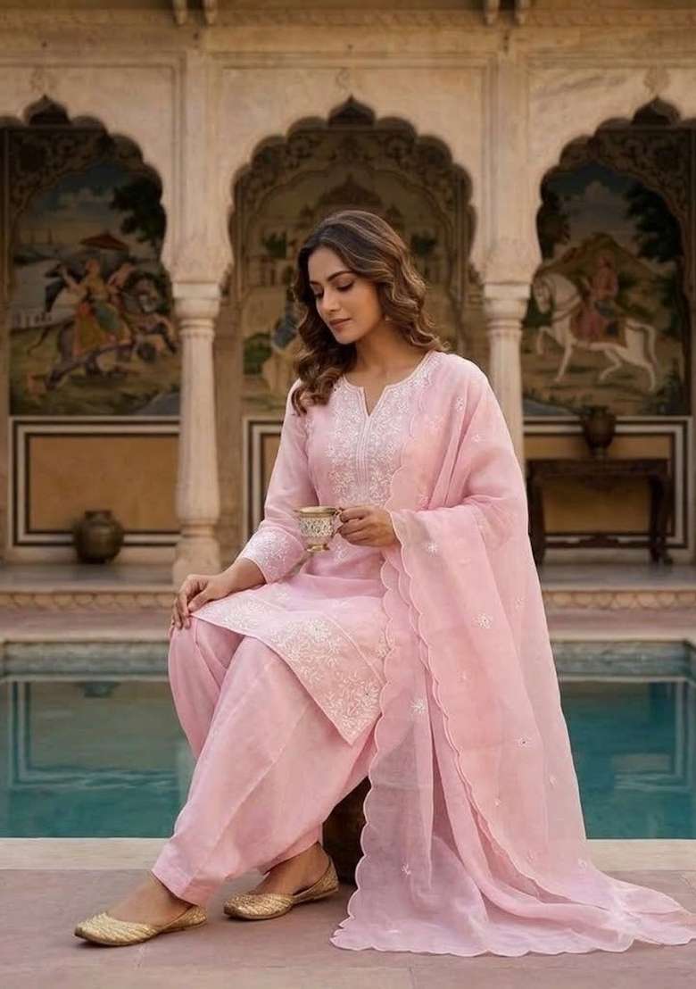Baby Pink Embroidery Silk Kurta Set - Indya