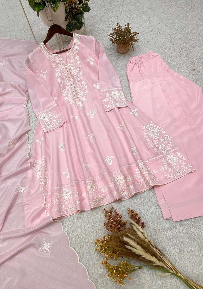 Baby Pink Embroidery Silk Kurta Set - Indya