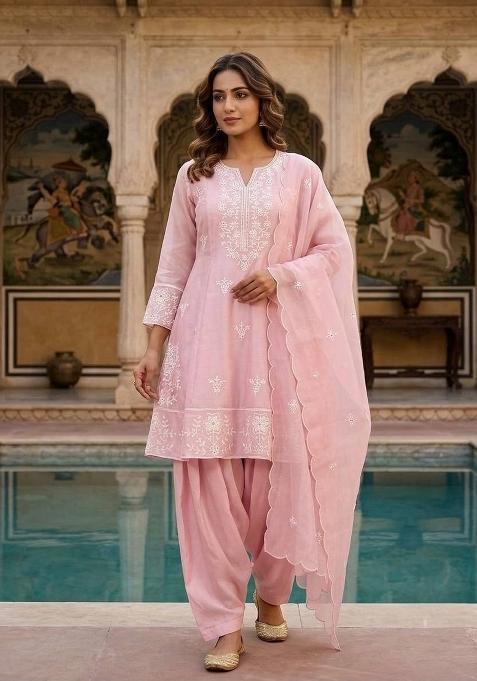 Baby Pink Embroidery Silk Kurta Set