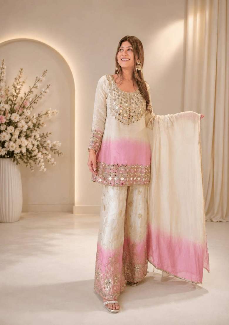 White And Pink Embroidery Georgette Palazzo Set - Indya