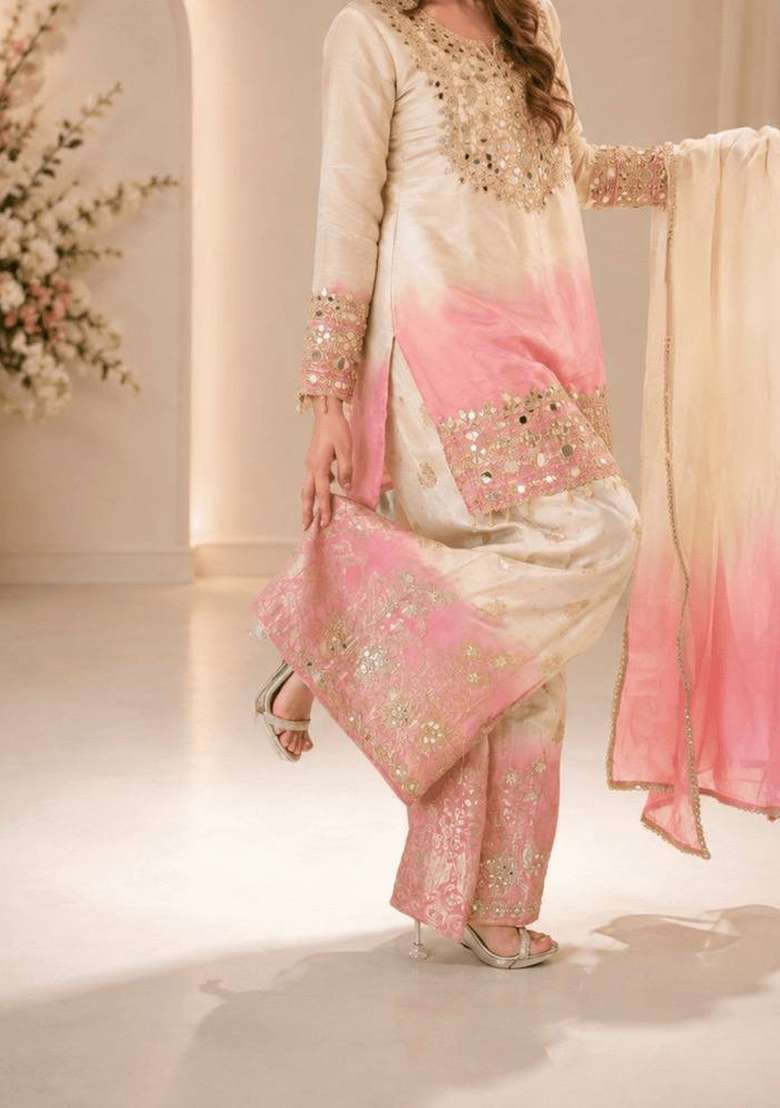 White And Pink Embroidery Georgette Palazzo Set - Indya