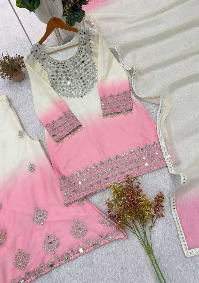 White And Pink Embroidery Georgette Palazzo Set - Indya