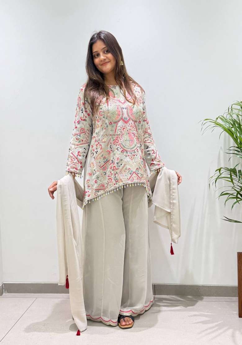 Light Grey Embroidery Georgette Palazzo Set - Indya