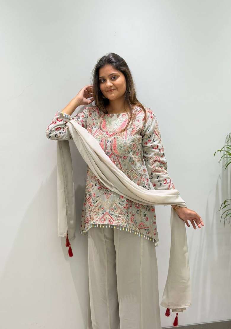 Light Grey Embroidery Georgette Palazzo Set - Indya