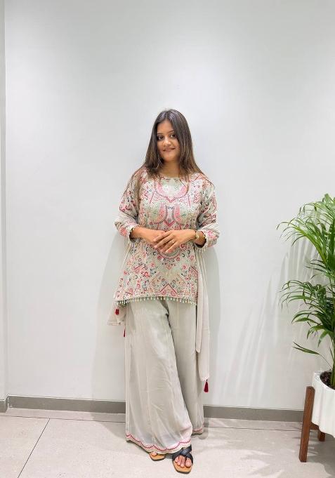 Light Grey Embroidery Georgette Palazzo Set