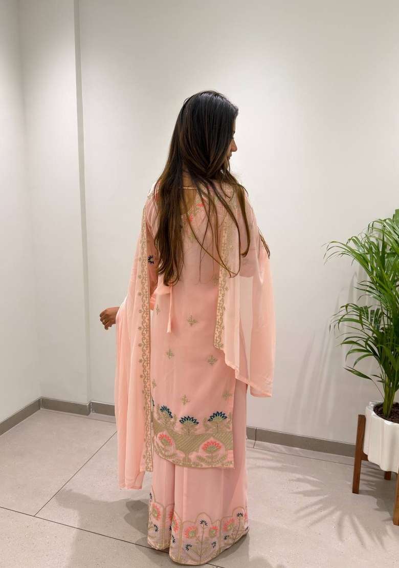 Baby Pink Embroidery Georgette Palazzo Set - Indya