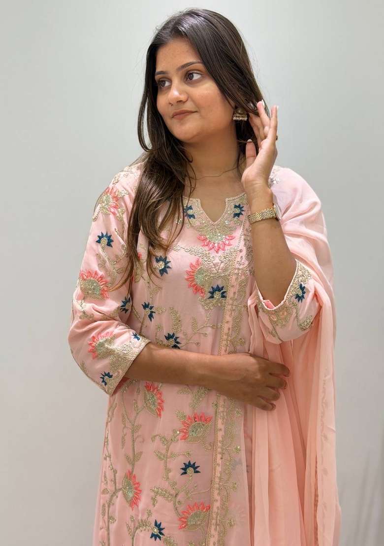 Baby Pink Embroidery Georgette Palazzo Set - Indya