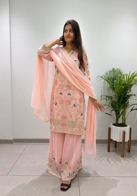 Baby Pink Embroidery Georgette Palazzo Set