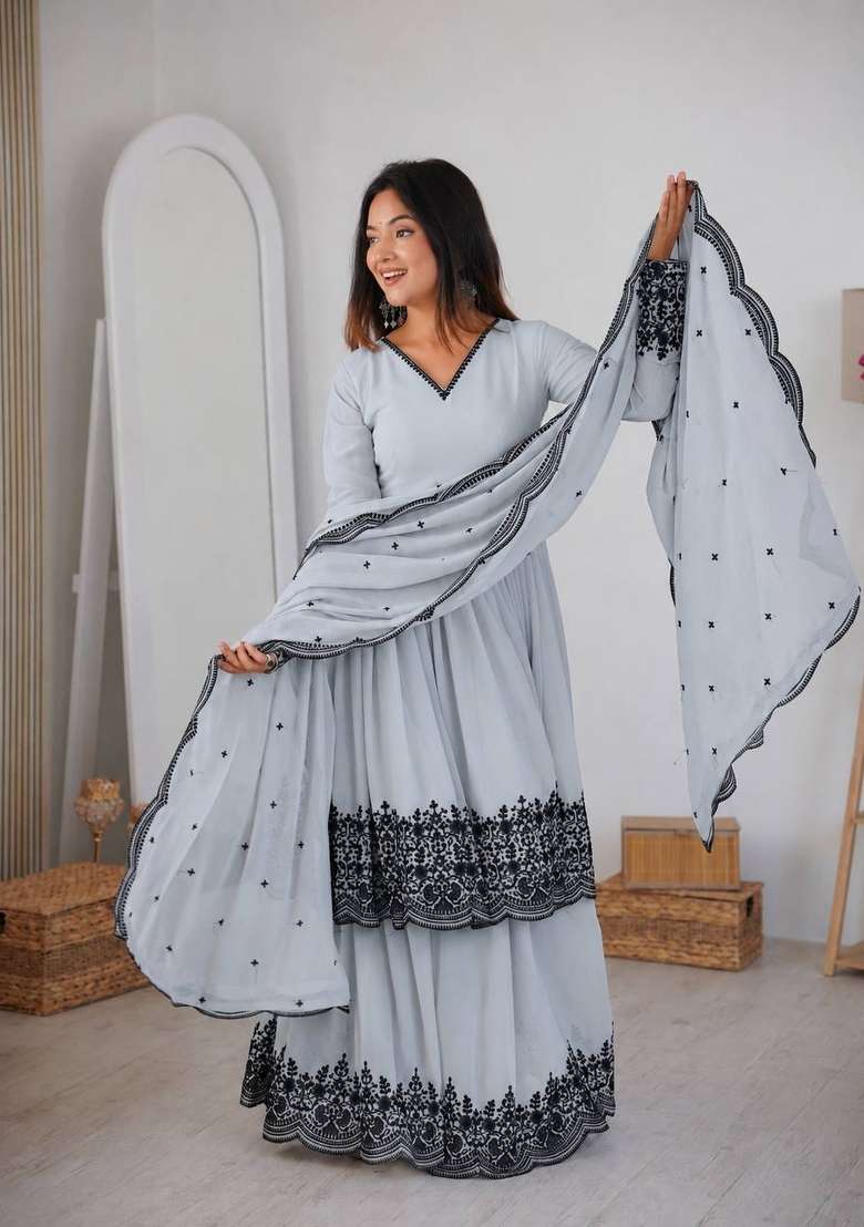 Light Grey Embroidery Georgette Palazzo Set - Indya