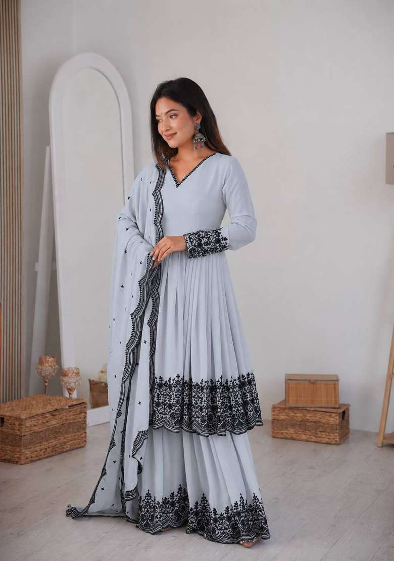 Light Grey Embroidery Georgette Palazzo Set - Indya