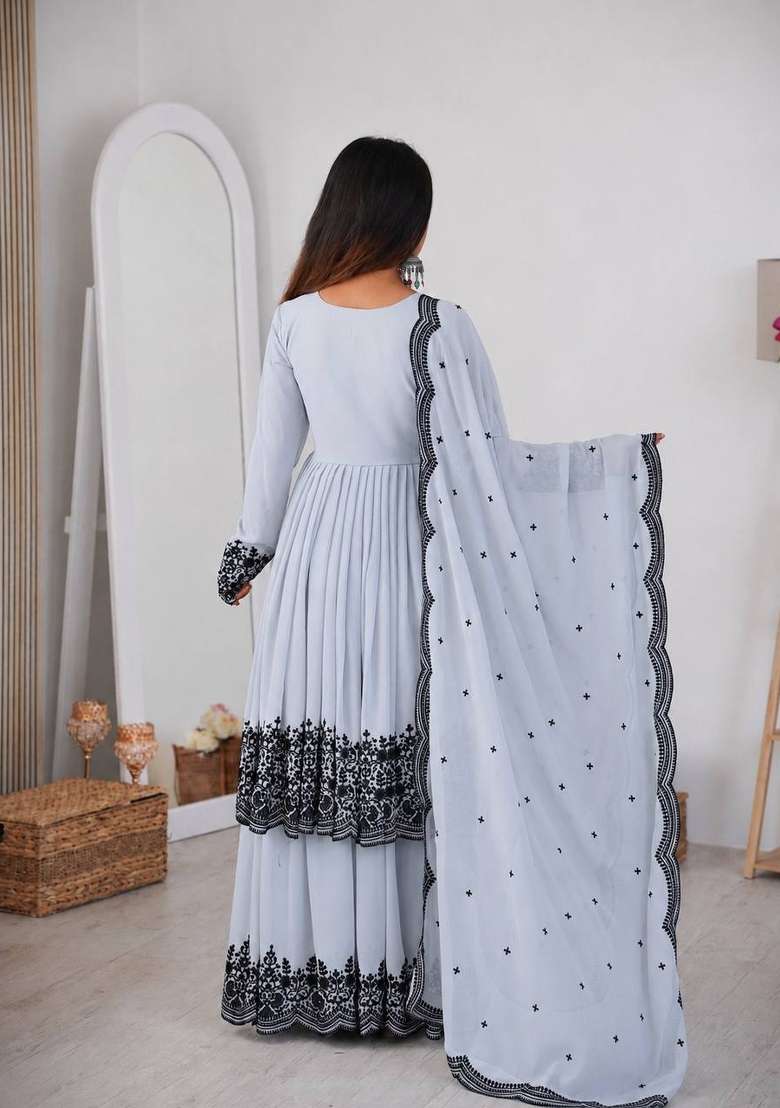 Light Grey Embroidery Georgette Palazzo Set - Indya