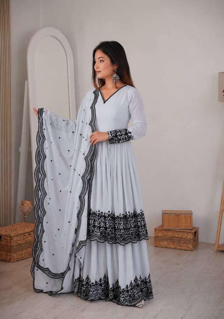 Light Grey Embroidery Georgette Palazzo Set - Indya
