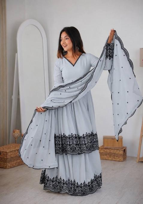 Light Grey Embroidery Georgette Palazzo Set