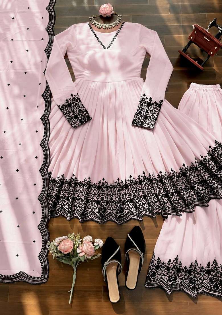 Baby Pink Embroidery Georgette Palazzo Set - Indya
