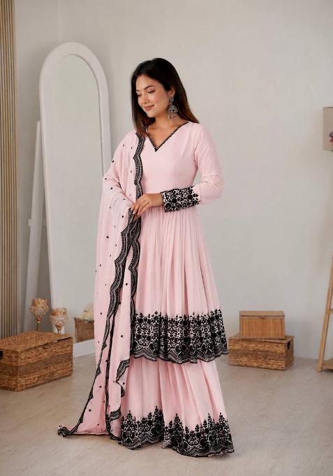 Baby Pink Embroidery Georgette Palazzo Set