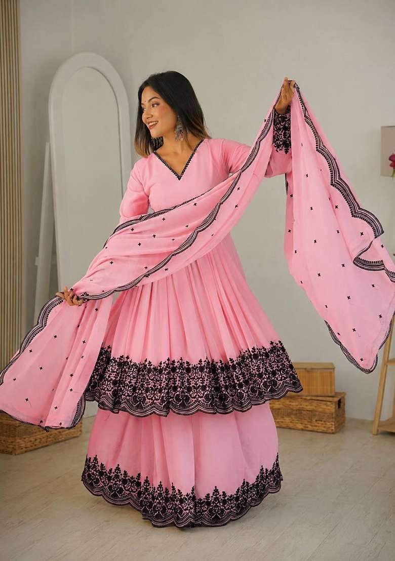 Rose Pink Embroidery Georgette Palazzo Set - Indya