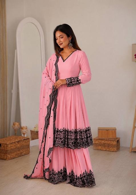Rose Pink Embroidery Georgette Palazzo Set