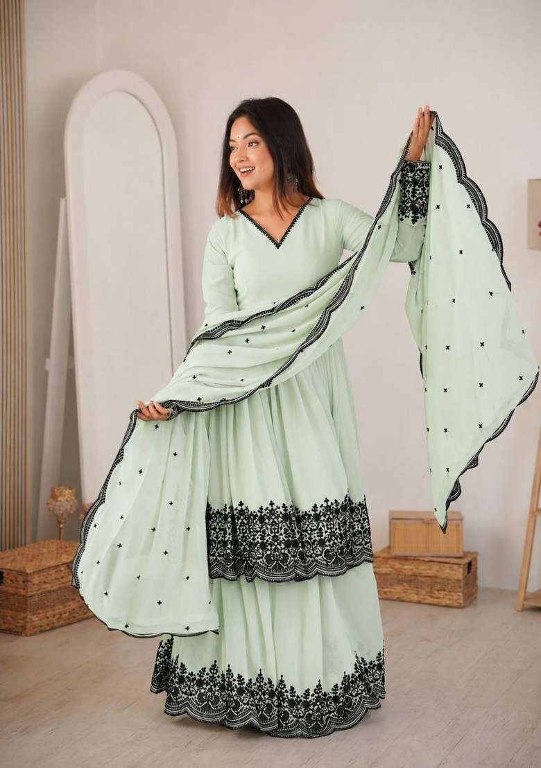 Mint Green Embroidery Georgette Palazzo Set - Indya