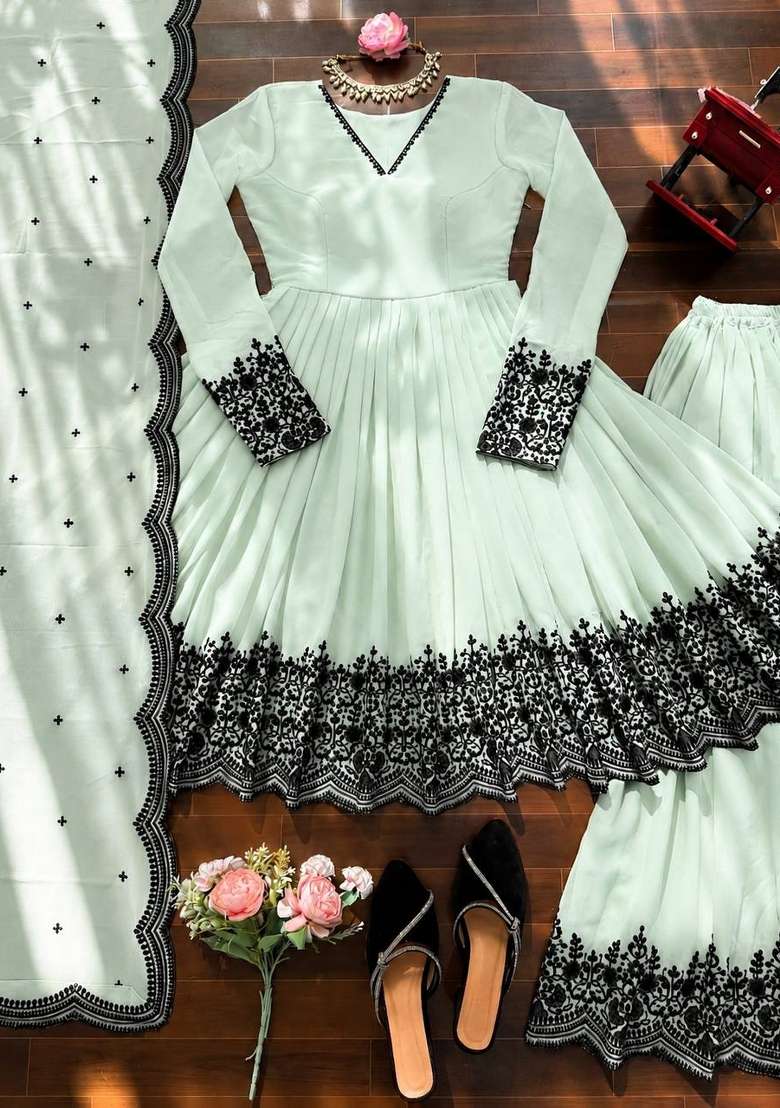 Mint Green Embroidery Georgette Palazzo Set - Indya