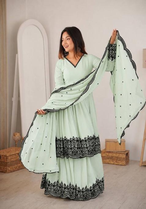Mint Green Embroidery Georgette Palazzo Set